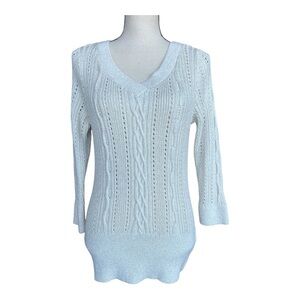 White House Black Market Glimmering Gold Thread Cable-Knit V-Neck Sweater Size L